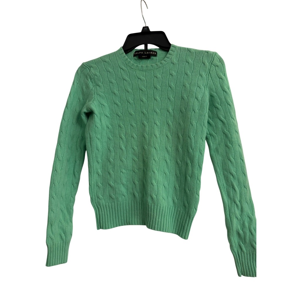 Ralph Lauren Sweater XXSM Mint Green 100% Cashmere Slim Fit Cable Knit Pullover